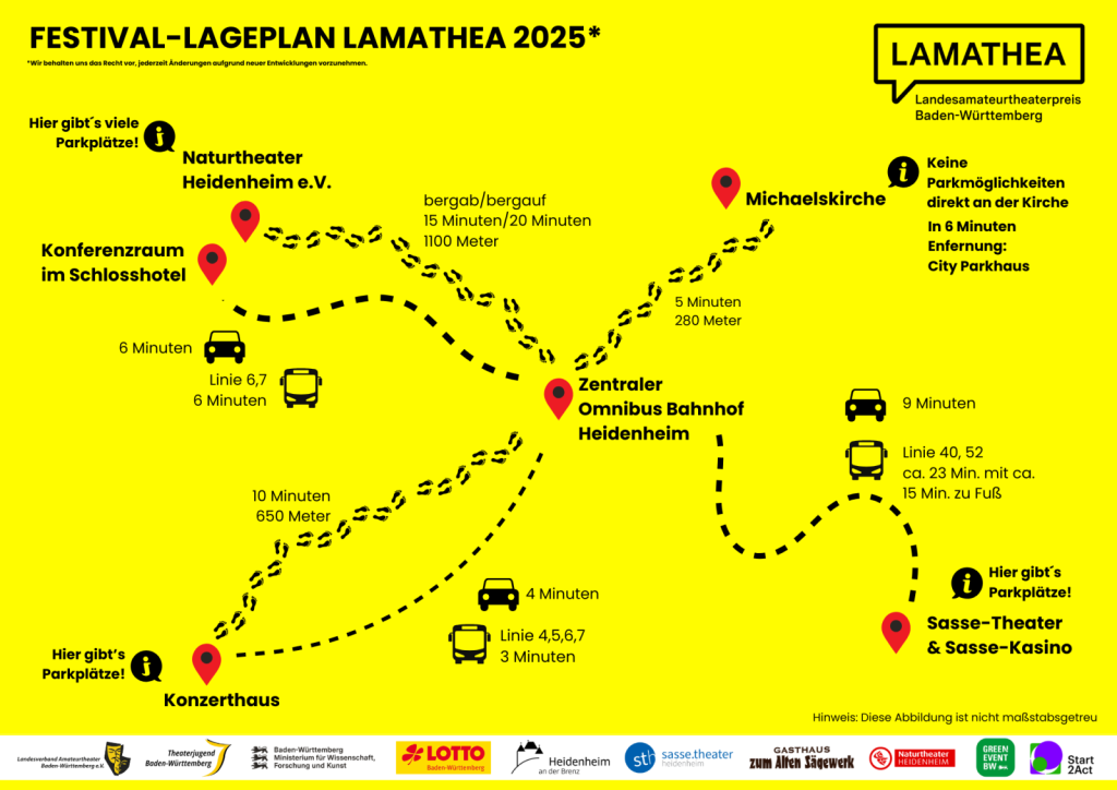 Lageplan der Spielorte des Lamathea Festivals mit Busverbindungen, per Auto und zu Fuß