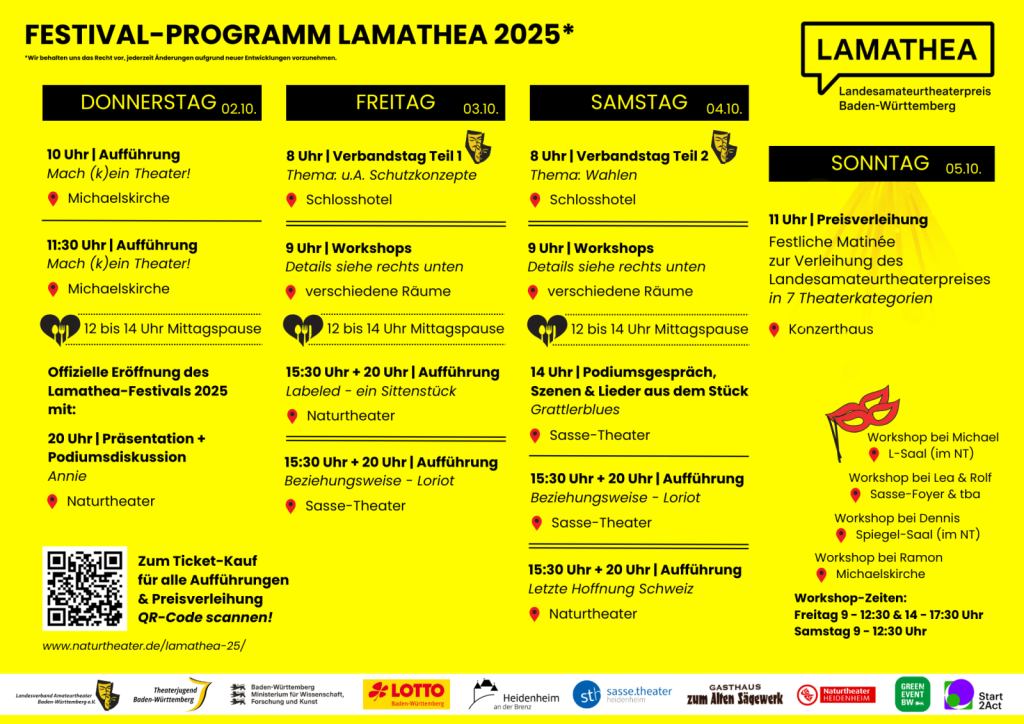 Programmplan des Lamathea Festivals mit allen Aufführungen und Workshops