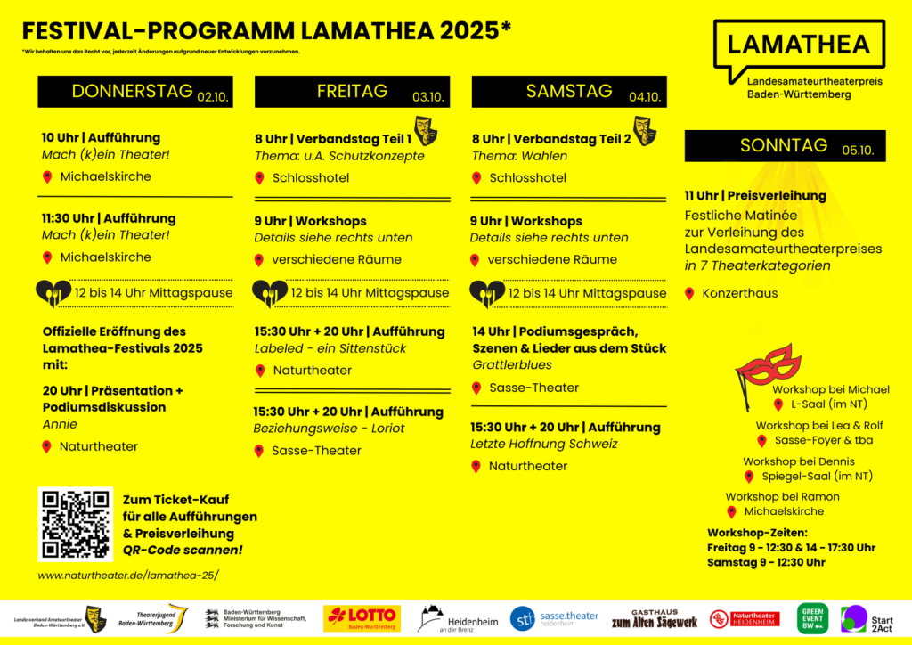 Programmplan des Lamathea Festivals mit allen Aufführungen und Workshops