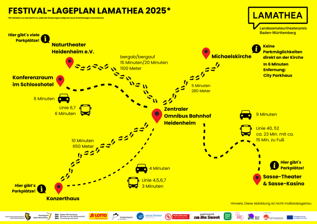 Lageplan der Spielorte des Lamathea Festivals mit Busverbindungen, per Auto und zu Fuß