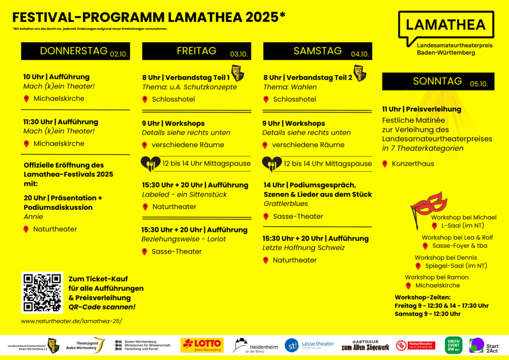 Programmplan des Lamathea Festivals mit allen Aufführungen und Workshops